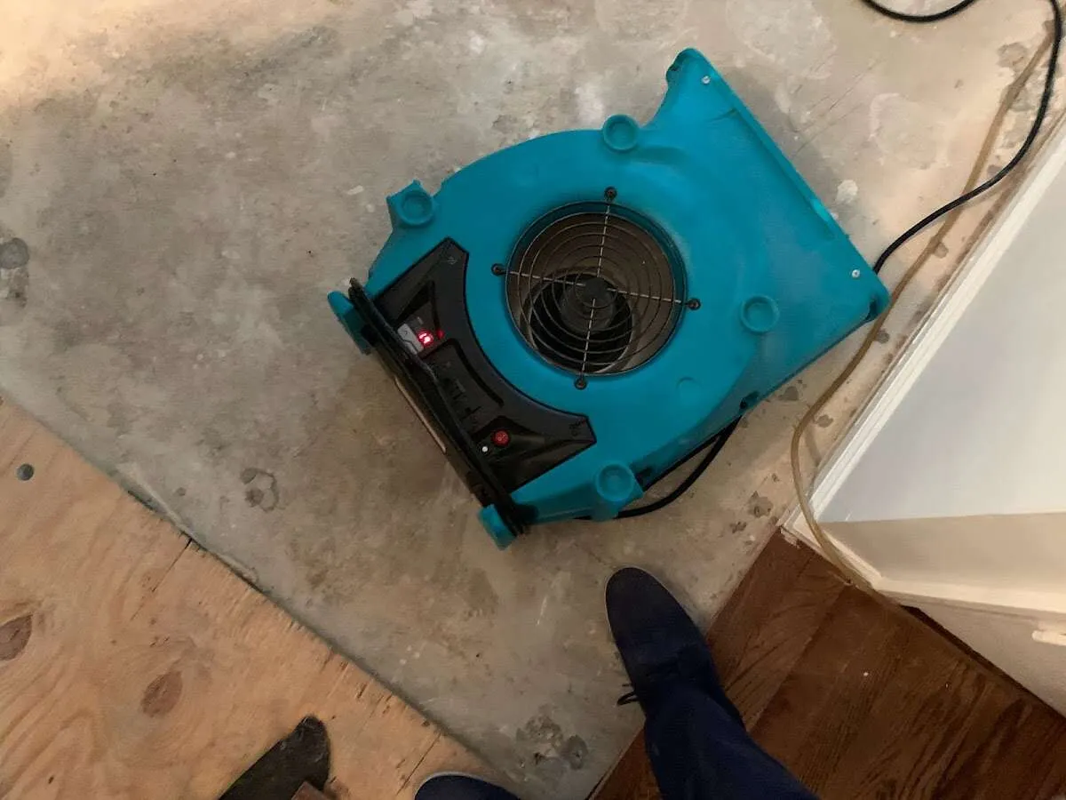 Air mover drying subfloor during Leak Detection & Repair in Florissant